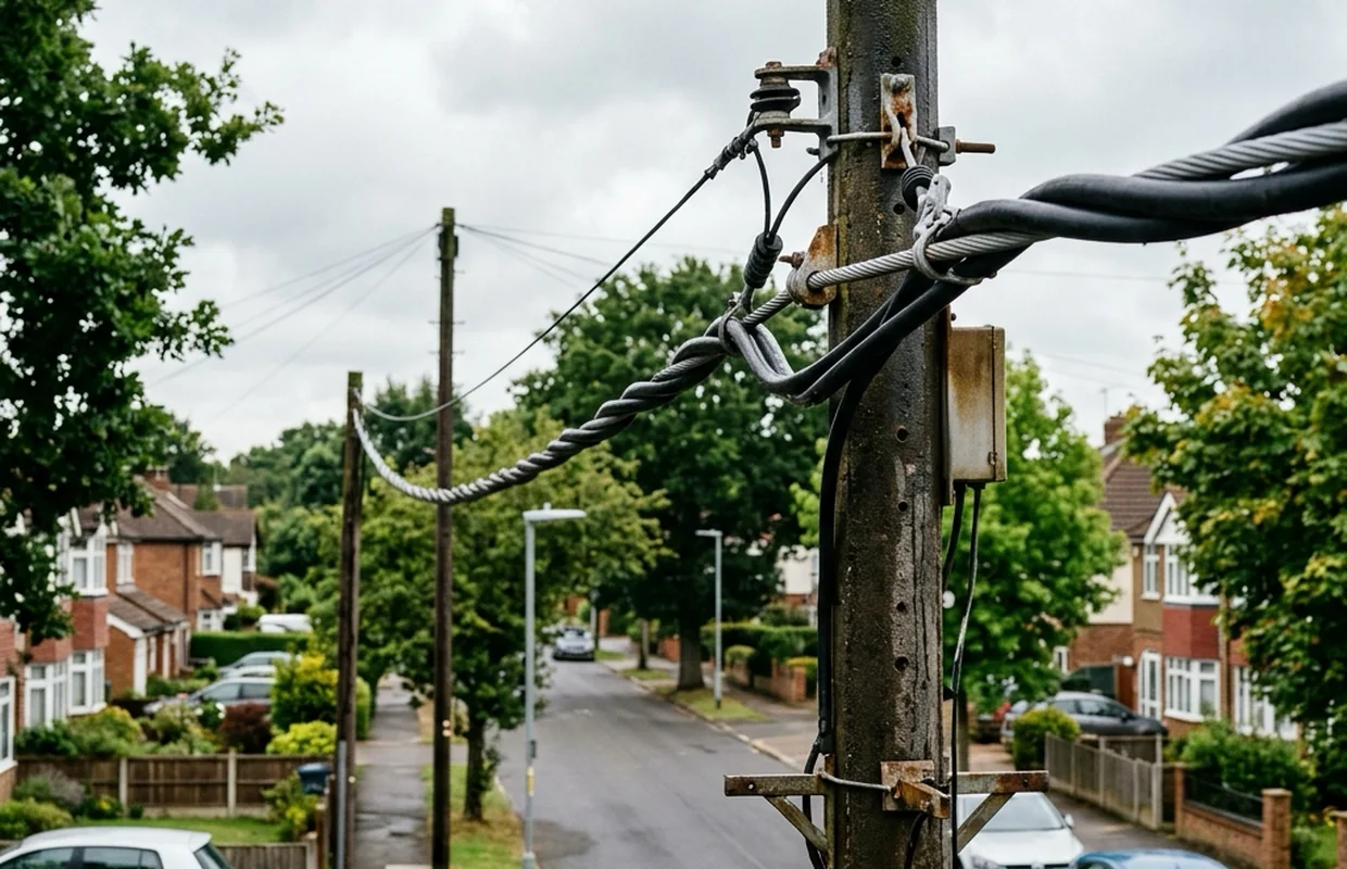 Overhead low-voltage distribution feeder strung pole to pole across a distribution area