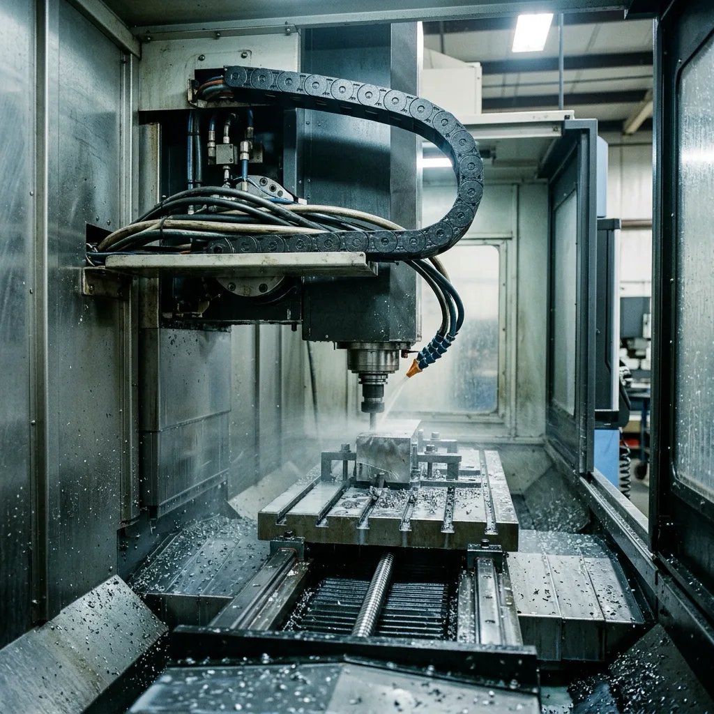 CNC machine tool and machining centre with table and spindle axes reciprocating through coolant on a continuous-flex PUR drag chain cable