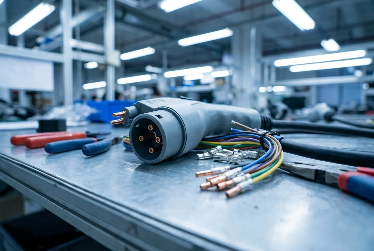 EV charging cable built into a charging gun on an EVSE assembly line