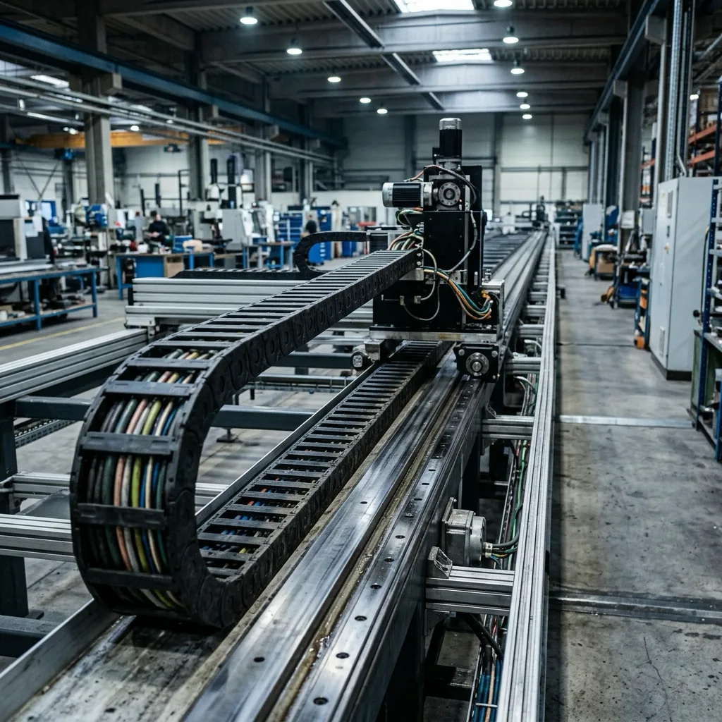 Gantry and linear axis with long fast reciprocating travel where the tensile centre keeps drag chain cable cores from being dragged out