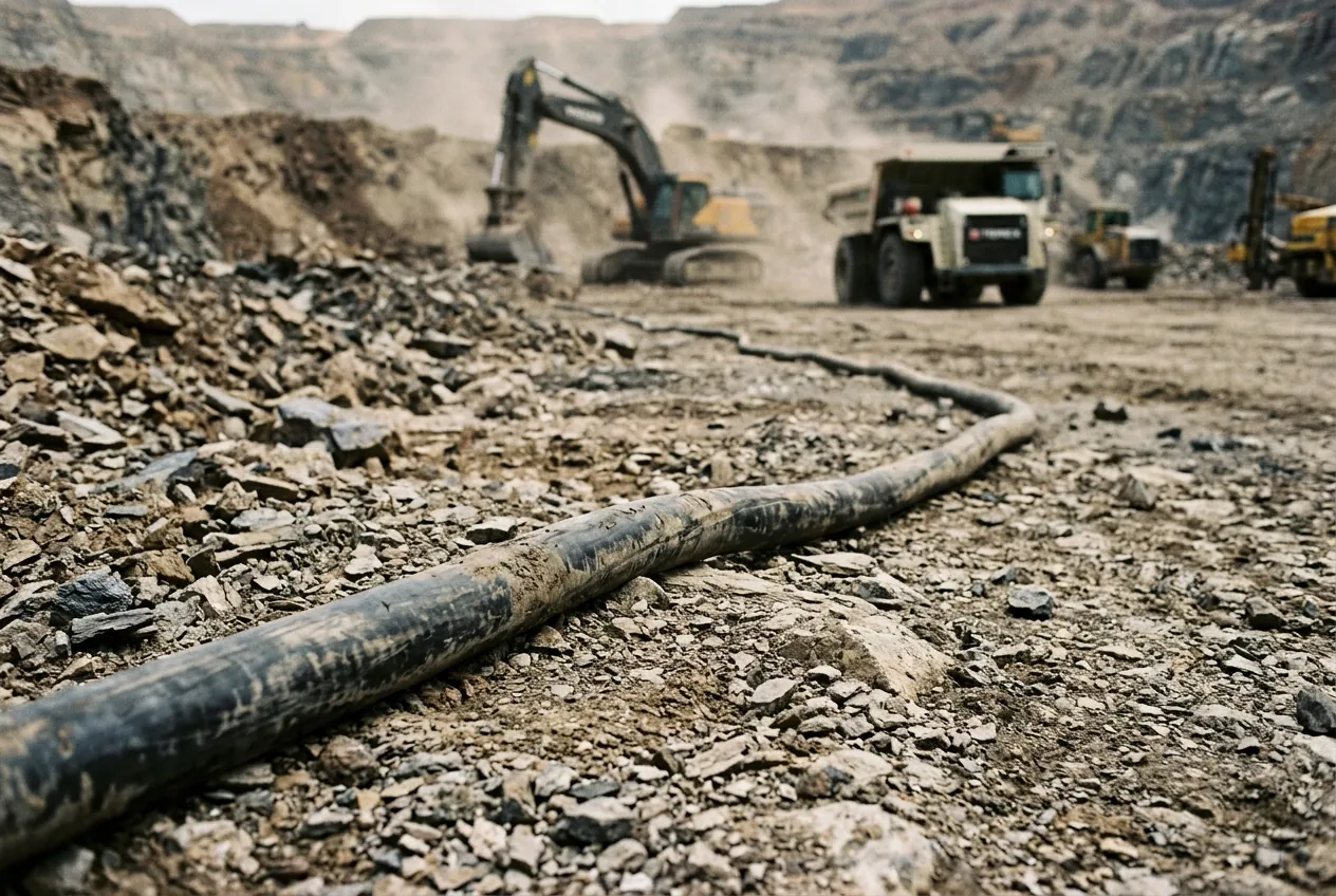 Heavy-duty rubber cable dragged across rock and ground on a mine site