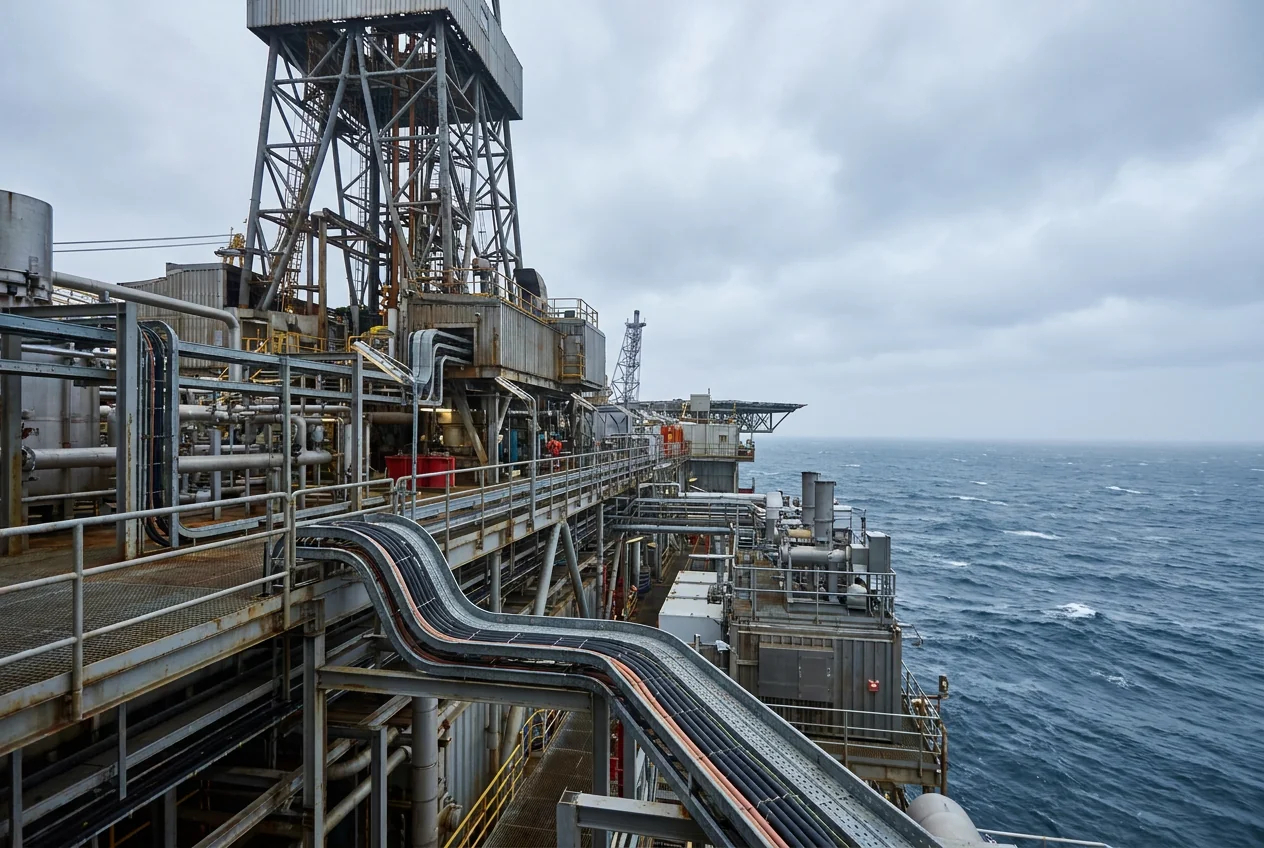 Offshore platform and drilling rig cabling in a mud-resistant, oil-resistant build