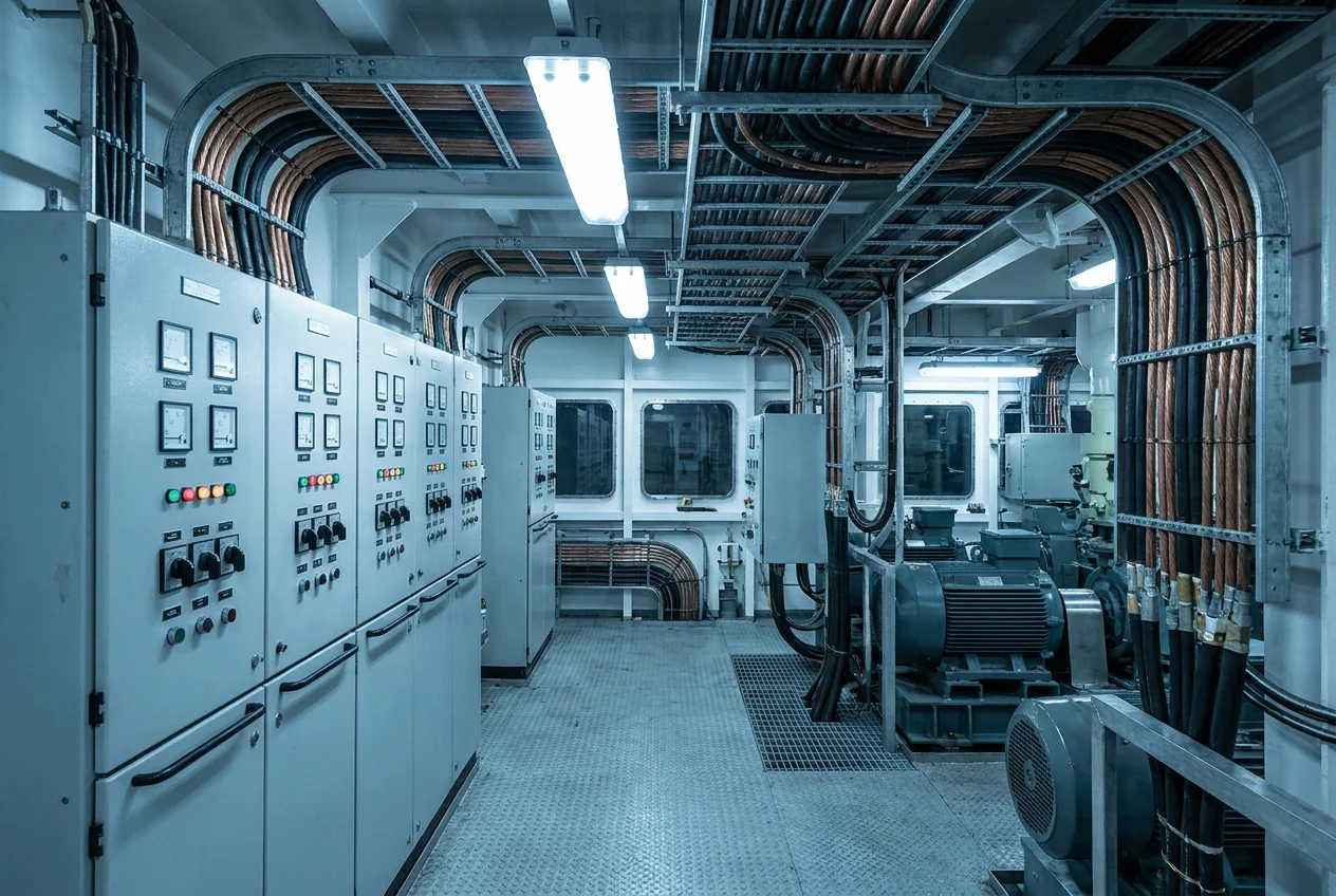 Shipboard power, engine room and deck machinery cabling below and above deck